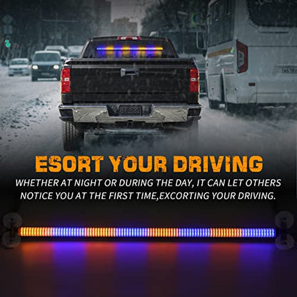 XRIDONSEN 35 inch Amber Blue Traffic Advisor Light Bar 144 LED Emergency strobe lights Warning Flashing Safety Front/Rear Windshield Lights w/Directional Arrow for Vehicles Snow plow Trucks - color: Amber/Blue