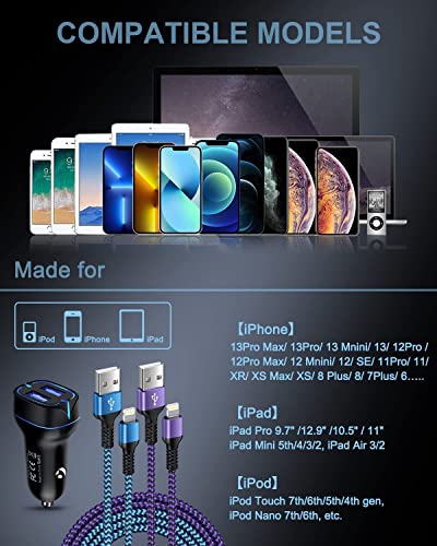 Phone Car Charger, Dual Port Cigarette Lighter Adapter + 2Pack-3FT Lightning Cables Fast Charging for iPhone 14 13 12 Pro Max Mini 11Pro 10 SE X XR XS Max 8, Lightening Wire 3FT + Car Phone Cargador - size: Car Charger Fit
