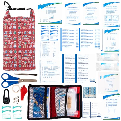 Boat First Aid Kit Waterproof, WELL-STRONG Marine Emergency Kit with Roll Top Dry Bag for Boating Fishing Kayaking – Water-Resistant Contents for Camping & Beach（Christmas） - color: Ws011-christmas