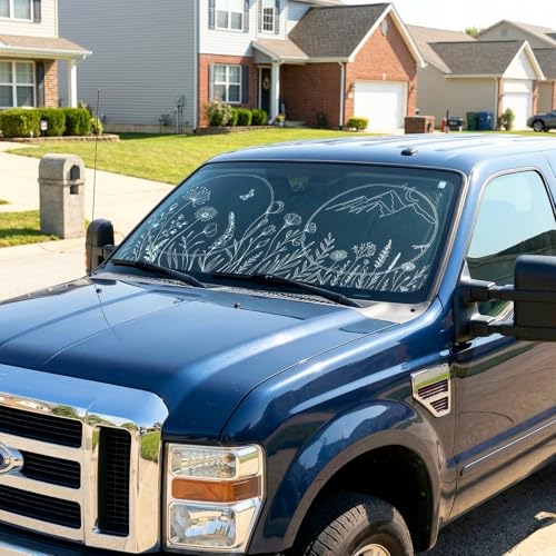 63"x28.5" Car Windshield Sun Shade with Storage Pouch, Stylish Printed Front Window Sunshade with Double Ring Frame, Universal Fit Foldable Heat Blocker & UV Protector for SUV, Sedan (Line Plants) - color: Line Plants