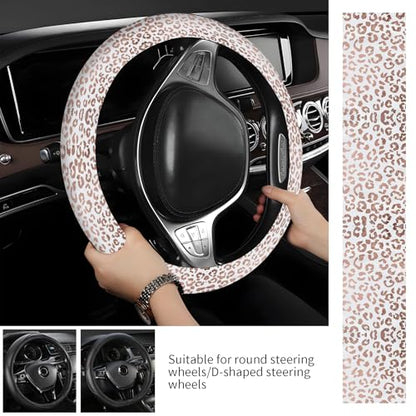 Steering Wheel Covers for Car, Truck, and SUV, Cute Non-Slip Breathable Elastic Steering Wheel, Car Accessories, Universal 15 Inch Leather Cover for Men Women Snow Leopard Pattern - color: Snow Leopard Pattern