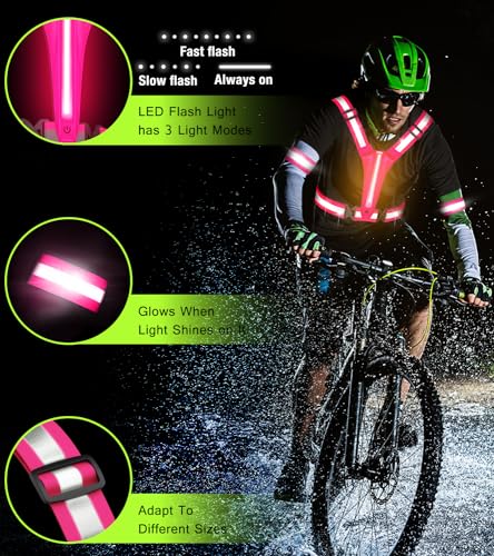 Led Light Up Running Vest Reflective Vest for runners night walking, Rechargeable Reflective Running Vest High Visibility - color: Pink