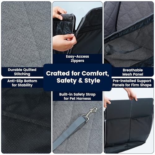 Front Seat Dog Car Seat for Small/Medium Dogs with Door Protection – Full Coverage Pet Booster Seat with Mesh Window, Zippered Side Flaps, Safety Buckle, Grey Linen Fabric