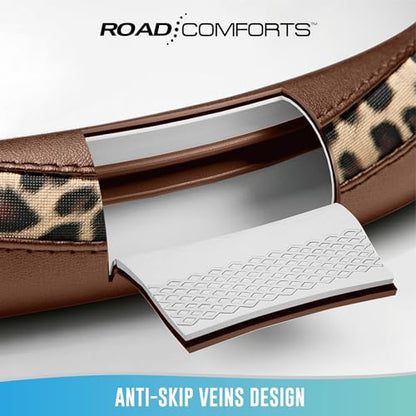 Road Comforts Steering Wheel Cover - Made with PVC Leather and Leopard Fabric - Universal 14 1/2 inches to 15 inches for Most Automotive Steering Wheel - Cheetah Print - Brown - color: Round-Brown