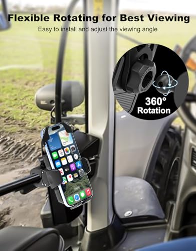 Tractor Phone Clamp Mount, [Upgraded Secure Tether] Stable Cellphone Clip for Forklift/Farming Machine, Front Loader Clip Holder for iPhone 16 15 14, Galaxy S25 S24, 4-7" Phone with Thick Case