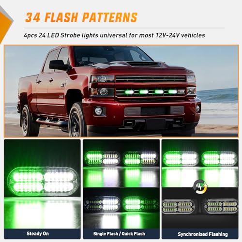 Nilight 4PCS 24LED Emergency Strobe lights 12V 24V Green White Surface Mount Grille Hazard Safety Warning Light Sync Feature Side Flashing Marker Flash for Car Truck Campers - color: Green White