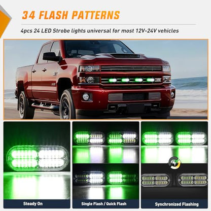 Nilight 4PCS 24LED Emergency Strobe lights 12V 24V Green White Surface Mount Grille Hazard Safety Warning Light Sync Feature Side Flashing Marker Flash for Car Truck Campers - color: Green White