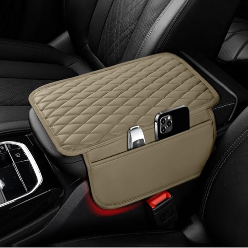 Ouzorp Car Center Console Cover Upgraded Microfiber Leather Car Arm Rest Cover with 2 Storage Bags Universal Armrest Cover for Car Storage Box Car Interior Accessories Protector for Most Vehicle-Beige - color: Beige