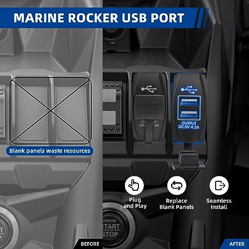 Anina 4.2A Rocker Switch Style Dual USB Charger Blue LED Light, Waterproof USB Port with 10A Fuse for Marine Toggle Switch Panel on 12V-24V Car ATV UTV Boat Polaris Can-Am, Universal Quick Charger