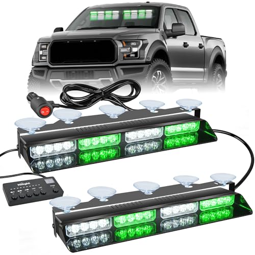 Nilight 32LED Green White Emergency Dash Strobe Lights with Controller Suction Cups Warning Hazard Interior Front/Rear Windshield Deck Split Light Bar for Truck Construction Vehicle - color: Green and White