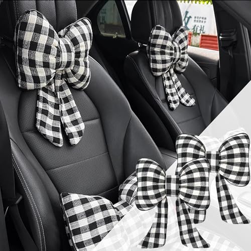 2PCS Chic Car Headrests with Bow-Shaped Cotton Linen Bowknot Neck Pillows for Cozy Road Trip & Cute Interior Decoration (Black Plaid) - color: Black Plaid