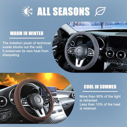 14 inch Brown Suede D Shaped Steering Wheel Cover, Breathable Non-Slip Sweat-Proof Wear-Resistant No Pilling, Warm in Winter and Cool in Summer - color: Brown, size: D Shape-S[13.5''-14'']