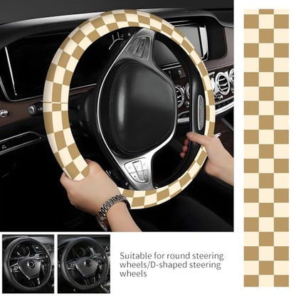 Steering Wheel Covers for Car, Truck, and SUV, Cute Non-Slip Breathable Elastic Steering Wheel, Car Accessories, Universal 15 Inch Leather Cover for Men Women Brown Checkered - color: Brown Checkered