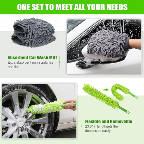 62'' Car Wash Brush with Long Handle Car Wash Mop Mitt Chenille Car Cleaning Kits Windshield Window Squeegee Car Duster Microfiber Towel Gloves for Cars RV SUV Truck 11PCS - color: 11pcs