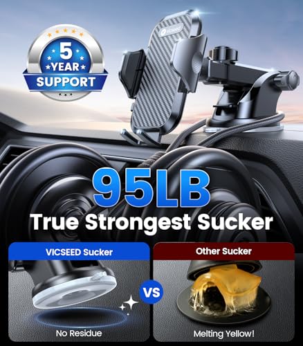 VICSEED 2026 Ultimate Sturdy Car Phone Holder [Upgraded 95+LBS Strongest Suction] Universal Long Arm Cellphone Mount for Car Dashboard Windshield Vent Truck Boat for iPhone 17 16 Pro Max & Android - color: Classic Black