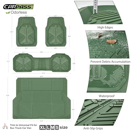 CAR PASS Heavy Duty Rubber Car Mats with Cargo Liner, Deep-Dish Car Floor Mats and Trunk Mat All Weather, Universal Trim-to-Fit for SUVs Trucks Sedans, Waterproof Anti-Slip, Trimmable V12 Olive Green - color: Green Full Set