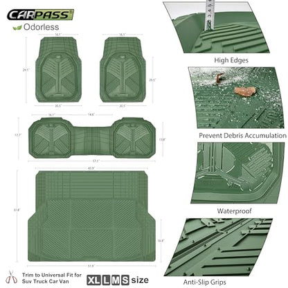 CAR PASS Heavy Duty Rubber Car Mats with Cargo Liner, Deep-Dish Car Floor Mats and Trunk Mat All Weather, Universal Trim-to-Fit for SUVs Trucks Sedans, Waterproof Anti-Slip, Trimmable V12 Olive Green - color: Green Full Set