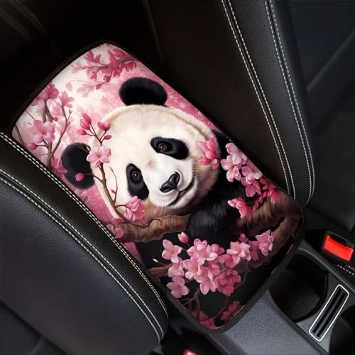 Dreaweet Car Armrest Cover Cherry Blossoms Panda Car Accessories Center Console Cover Replacement,Universal Armrest Cover for Car Center Console for Truck Sedan SUV - color: Cherry Blossoms Panda