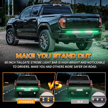 XRIDONSEN 60 inch Truck Tailgate Green White Emergency Lights Strip 360 LED Rear Window Strobe Lights Firefighter POV Light Flashing Warning Hazard Safety First Responder Lights for Vehicles Pickup - color: Green/White