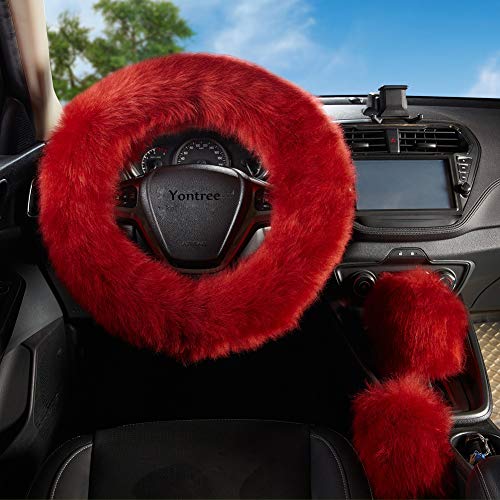 Yontree Fashion Fluffy Steering Wheel Covers for Women/Girls/Ladies/Men Australia Pure Wool Universal 15 Inch 1 Set 3 Pcs Long Wool Burgundy - color: Burgundy, size: Long Wool