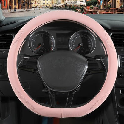Pink Suede D Shaped Steering Wheel Cover, Breathable Non-Slip Sweat-Proof Wear-Resistant No Pilling, Warm in Winter and Cool in Summer, Universal 15 inch - color: Pink, size: D Shape-M[14.5''-15'']