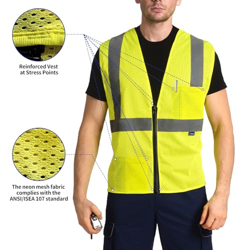 AYKRM 2 Pocket Mesh High Visibility Reflective Safety Vest for men & Women ANSI/ISEA 107 Standards - color: Yellow, size: X-Small