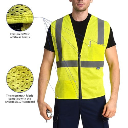 AYKRM 2 Pocket Mesh High Visibility Reflective Safety Vest for men & Women ANSI/ISEA 107 Standards - color: Yellow, size: Small