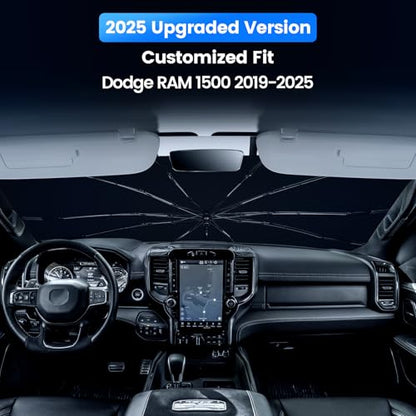 Windshield Sun Shade Umbrella for Dodge RAM 1500 2019-2025 2026,Heat Blocking Keep Car Cool,UV Protection Windshield Sunshade, Emergency Rain Shield&Dashboard Protector-Thickened ICY Silver - size: For Dodge RAM 1500 2019-2026-ICY