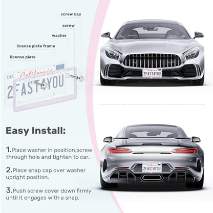 QUANQIUFEI 2 Pack Bling License Plate Frames, Sparkly Rhinestone Diamond Car License Plate Cover for Women, Stainless Steel Car Accessories with Glitter Crystal Caps (Crystal AB) - color: Crystal AB