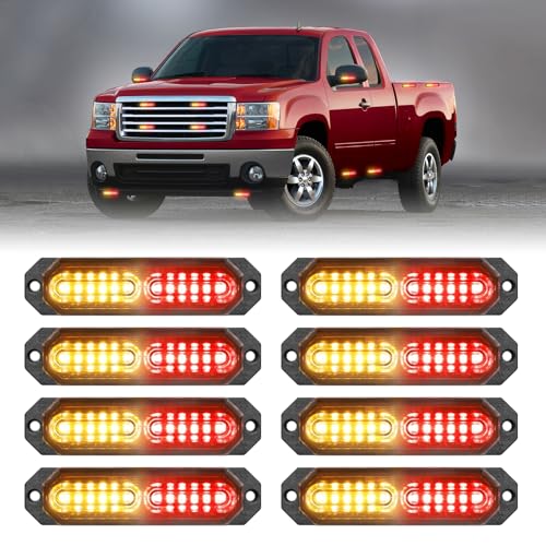 HLauto 1200T Emergency Strobe Grille Lights: 8pcs 12 LED Sync Feature Safety Warning Flashing Lights, Ultra Slim Surface Mount Hazard Caution Lights for Trucks, Vehicles, Car, ATV, UTV (Amber Red) - color: Amber/Red