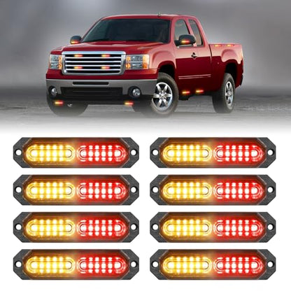 HLauto 1200T Emergency Strobe Grille Lights: 8pcs 12 LED Sync Feature Safety Warning Flashing Lights, Ultra Slim Surface Mount Hazard Caution Lights for Trucks, Vehicles, Car, ATV, UTV (Amber Red) - color: Amber/Red