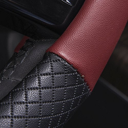 CAR PASS Rhombus Leather Universal Steering Wheel Cover, Fit for Suvs,Trucks,Cars,Sedans,Vans (Black&Burgundy) - color: Black and Burgundy, size: Standard[14.5"-15"]
