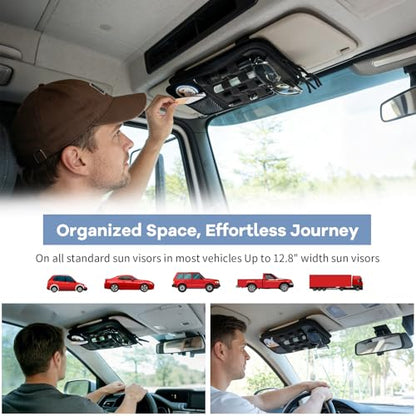 Car Sun Visor Organizer, Heavy Duty Molle Panel with Double Zipper Multi-Pockets & Glasses Clip, Tactical Storage Pouch for Cars, SUVs, Trucks (2 Pack) - size: 2 Pack