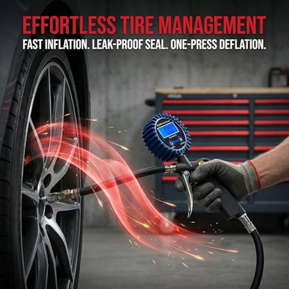 Digital Tire Pressure Gauge with Inflator, 3-250 PSI Air Chuck & Compressor Accessories Heavy Duty with Quick Connect Coupler, 0.1 Display Resolution