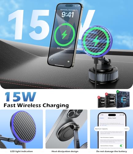 15W Wireless Charger Magnetic Car Phone Holder [Upgraded 98+LBS Strong Suction Cup] 360° Rotating & Retractable, Car Mount for Magsafe iPhone 17 16 15 14 13 12 Series