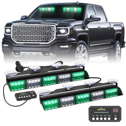 XRIDONSEN 2x 17 inch Green White Emergency Lights for Vehicles 40 LED Emergency Dash lights Interior Front/Rear Windshield Strobe Lights Safety Warning for Volunteer Firefighter Vehicles Trucks - color: Green/White