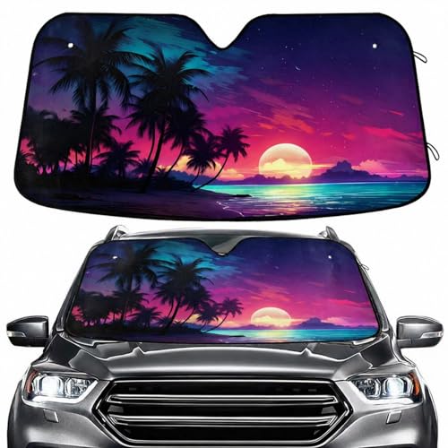 Windshield Sun Shade Palm Tree Beach Tropical Front Window Block UV Shades Visor Reflective Retractable for Car SUV Trucks - color: A015