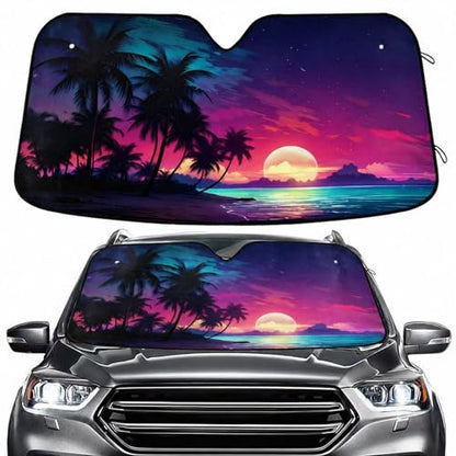 Windshield Sun Shade Palm Tree Beach Tropical Front Window Block UV Shades Visor Reflective Retractable for Car SUV Trucks - color: A015