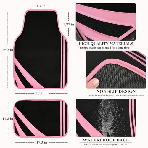 CAR PASS Pink Edge Faux Leather Car Floor Mats Universal Car Carpet Mats with Double Stitch Line Anti-Slip Backing Design, for Cute Girly Women, Fit 95% Automotive,SUVs,Sedan,Vans (Black and Pink) - color: Black and Pink