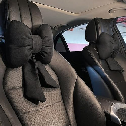 Car Seat Neck Pillow Elegant Bow Car Headrest Pillow Set - Cotton Linen Neck Cushion Universal Fit for Women Comes with 2 Seat Belt Covers (Black Set 4Pcs) - color: Black Set 4pcs