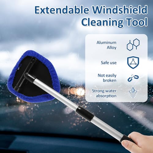Windshield Cleaning Tool, Car Window Cleaner with Extendable Long Handle and 4 Washable Reusable Microfiber Pads and Spray Bottle, Auto Interior Exterior Glass Wiper Kit Supplies (Blue) - color: Blue