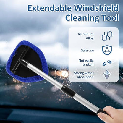 Windshield Cleaning Tool, Car Window Cleaner with Extendable Long Handle and 4 Washable Reusable Microfiber Pads and Spray Bottle, Auto Interior Exterior Glass Wiper Kit Supplies (Blue) - color: Blue