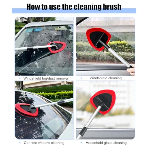 Car Windshield Cleaner Tool, Vehicle Window Detailing Cleaning Kit with Extendable Handle & 4 Washable Microfiber Pad, Auto Glass Wiper Cleaner for Exterior & Interior, Universal Fit (Red) - color: Red