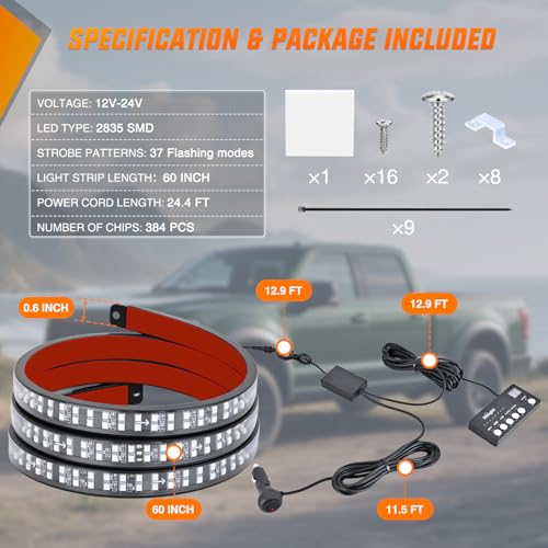 Nilight 60 Inch Emergency Strobe Light Strips with Controller, 384LED Flashing Warning Hazard Safety Rear Window Tailgate Lights for Truck Trailer Construction Plow Pickup Tow SUV Vehicles, Red Blue - color: 60" Tailgte Strobe w/ Controller Red Blue