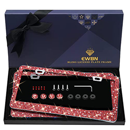 Bling Rhinestone License Plate Frame for Women 2PC，Diamond Sparkly License Plate Frames| Stainless Steel Frames & Over 1200 pcs Finest 14 Facets Glass Crystals Premium Diamond+GiftBox(Red) - color: Red-2PK