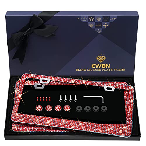 Bling Rhinestone License Plate Frame for Women 2PC，Diamond Sparkly License Plate Frames| Stainless Steel Frames & Over 1200 pcs Finest 14 Facets Glass Crystals Premium Diamond+GiftBox(Red) - color: Red-2PK