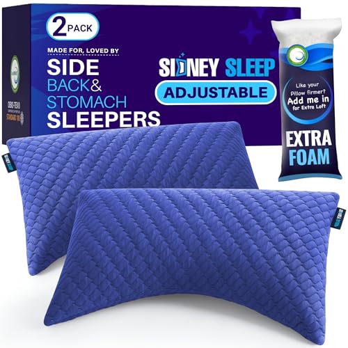 Sidney Sleep Set of 2 Queen Size Bed Pillows for Side and Back Sleepers - Adjustable Filling - Memory Foam Pillows for Neck and Shoulder Pain - Customizable Loft - Extra Foam Included (Blue) - color: Blue, size: Queen (Pack of 2)