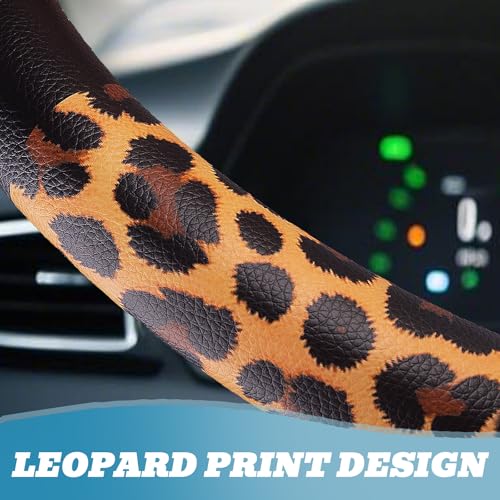 Universal Leather Leopard Cheetah Steering Wheel Cover Women 14.5-15 inch Leopard car Accessories Western Anime Brown Cute Wheel Cover Hip Hop Anti-Slip Car Protecter for Men - color: Leopard Print-SC