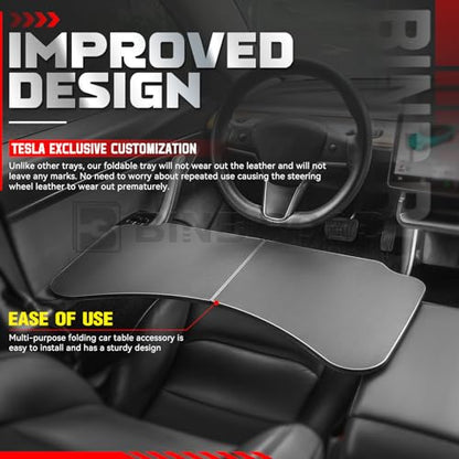 Car Folding Tray Table Leather Compatible with Tesla Model 3 Y – Multi-Use Dining Tray & Laptop Stand, Fits Front Driver & Passenger Seats,Black - color: Black