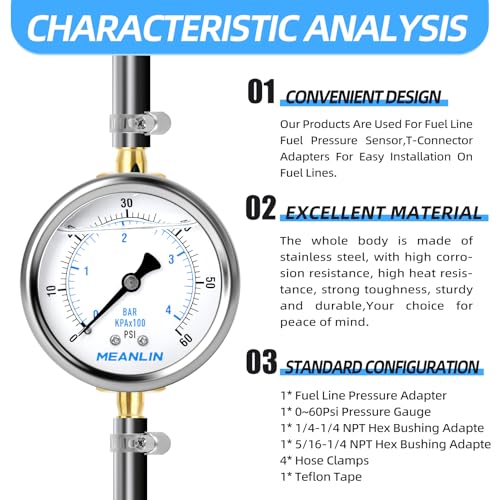MEANLIN MEASURE 9Pieces KIT 0-60Psi Stainless Steel Liquid Filled Pressure Gauge 1/4" NPT 2.5" FACE DIAL, Back Mount with 1/4" 5/16" Hose Barb, Tee Fittings, WOG Water Oil Air - size: 0-60Psi (9Pcs Kit)